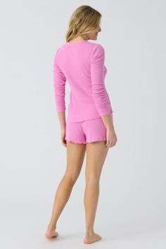 Add a fun pop of pink to your loungewear! Made with super soft rib knit fabric and featuring a comfy crew neck, this top is a must-have.Our fave long sleeve saves 6.7 plastic bottles from our landfill - we love that. Soft Texture Tops For Relaxation In Spring, Trendy Spring Tops For Relaxation, Trendy Lounging Tops, Soft Textured Tops For Spring Relaxation, Casual Ribbed Sleepwear For Spring, Comfy Long Sleeve Tops For Spring, Comfy Long Sleeve Spring Tops, Comfy Long Sleeve Tops With Ribbed Neckline, Comfy Ribbed Crew Neck Top