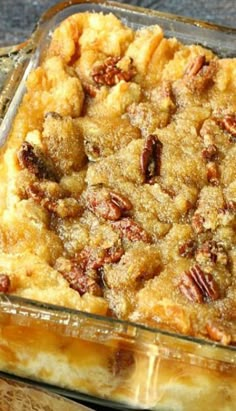 a casserole dish with pecans in it