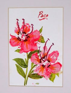 a painting of pink flowers with green leaves