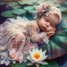 a baby is sleeping on top of a lily pad