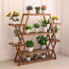 a wooden shelf filled with potted plants