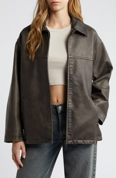 Inspired by classic aviator silhouettes and cut in an oversized silhouette, this softly weathered faux-leather jacket is the perfect outerwear essential. 27" length (size medium) Exclusive retailer Front zip closure Spread collar Front welt pockets Lined 91% polyester, 9% viscose with polyurethane coating Machine wash, line dry Imported Cheap Faux Leather Jacket For Fall, Leather Jacket Nordstrom, Best Leather Jackets Nordstrom, Leather Jacket Light Wash Jeans, Brown Leather Jacket Nordstrom, Marc New York Leather Jacket, Levi’s Leather Jacket, Sweater Leather Jacket, Oversize Leather Jacket