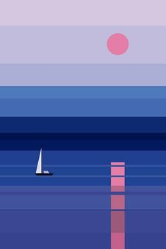 a sailboat floating on the ocean with a pink sun in the background and blue water