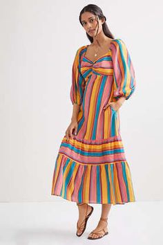 Farm Rio Rainbow Stripe Midi Dress, $, available at Anthropologie - Provided by Refinery29 Stripe Fashion, Stripe Midi Dress, Striped Midi Dress, Tiered Maxi Dress, Puffed Sleeves Dress, Midi Dress With Sleeves, Farm Rio, Puffed Sleeves, 50 Fashion