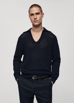 Openwork knit polo neck sweater - Men | Mango Man USA Sweater Crochet Mens, Polo Neck Sweater, Mango Outlet, Antoine Griezmann, Crochet Fabric, Knit Polo, Mango Man, Sweater Men, Polo Neck