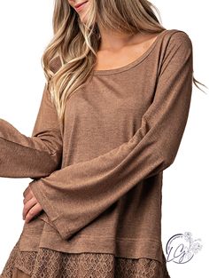 Long Sleeve with Lace and Chiffon Detail Fabric: 95% Polyester & 5% Spandex Elegant Brown Stretch Top, Elegant Stretch Brown Top, Brown Stretch Top For Loungewear, Mocha, Lace Detail, Lilac, Sweater Dress, Chiffon, Spandex