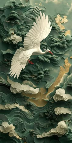 a large white bird flying through the sky above clouds and water with gold foil on it's wings