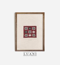 a red and green quilt hanging on a wall next to a wooden framed frame with the words luani written in it