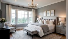 a bedroom with gray walls and white bedding