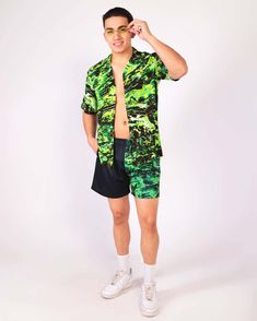 Trip out in the Liquid Toxin Men's Camp Shirt! This top has a comfortable fit, perfect for all-day wear at the festival grounds, and a striking black and green print resembling a hazardous chemical spill. 100% Rayon Lightweight breathable fabric Outfits For Raves, Festival Grounds, Rave Outfits Edc, Body Chain Harness, Couples Accessories, Edc Outfits, Rave Costumes, Festival Gear, Fairy Dresses