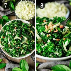 two pictures showing how to make a salad with greens and nuts