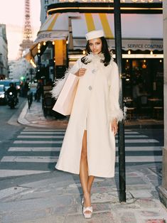 Nina Feather Coat (White) – Nana Jacqueline Fur Sleeves, Nana Jacqueline, Designer Outerwear, Feather Coat, White Silk Dress, Charm City, Coat White, Loose Coats, Silk Dresses