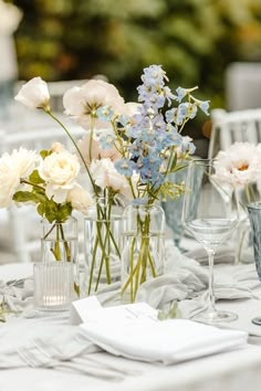 King Tables Wedding, Light And Airy Wedding Flowers, Wedding Color Schemes With Teal, Light Blue And White Wedding Table Decor, Blue And White Baby Shower Flowers, Lake Wedding Florals, Flower Inspo For Wedding, Wedding Table Decorations Farm Table, Garden Party Wedding Inspiration