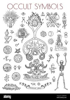 various symbols and signs in the form of a tree on a white background with black ink