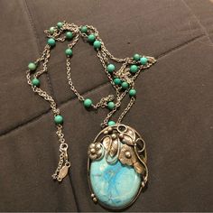 I Put These 2 Together. Wear Them That Way Or Separately! The Vintage Chain Is 36” Long With Turquoise Colored Balls In Slightly Varied Colors. Stamped 925. Charm Is Also A Pin. It’s Approx. 1.85” Wide X 1.85” Long. I Don’t See A 925 Stamp On The Pin, But This Vintage Piece Tests Positive For Silver. No Flaws. Some Tarnish, Which I Love! A Great Layering Piece! Artisan Silver Beaded Chain Jewelry, Artisan Turquoise Lariat Necklace As Gift, Handmade Turquoise Lariat Jewelry, Artisan Turquoise Jewelry With Beaded Chain, Artisan Long Turquoise Necklace Gift, Artisan Silver Turquoise Wire Wrapped Necklace, Handmade Turquoise Lariat Necklace For Gift, Turquoise Beaded Chain Long Necklace, Turquoise Long Necklace With Beaded Chain