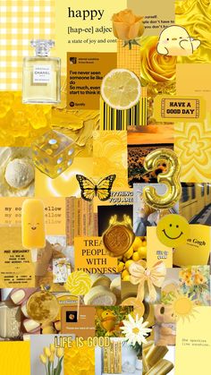 a collage of yellow and white images with words on them that read happy harvest