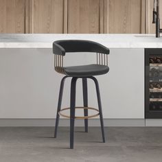 a modern bar stool with black leather upholstered seat and back rests in front of a wine rack