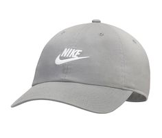 65% polyester and 35% cotton fabric upper, Adjustable back strap for a secure fit, Sweatband for added comfort, Curved bill cap design,2 1/2 inch bill, Nike branding details, One size fits most | Nike US Futura Washed Baseball Cap in M Grey/White Casual Cotton Dad Hat With Logo, Sporty Cotton Baseball Cap With Logo Print, Casual Logo Baseball Cap For Streetwear, Casual Baseball Cap With Logo For Streetwear, Casual Baseball Cap With Logo Print And Curved Visor, Nike Baseball Cap With Curved Visor For Outdoor, Casual Gray Hat With Embroidered Logo, Casual Cotton Hats With Logo Print, Casual Curved Visor Hat With Logo Print