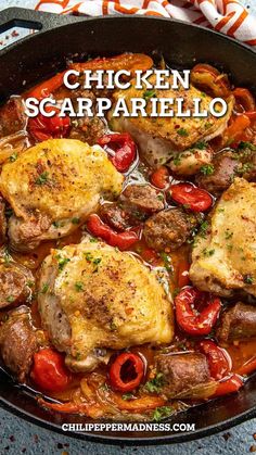 Chicken Scarpariello in a skillet. Chicken Scarpariello Recipe, Crispy Skin Chicken, Chicken Scarpariello, Sausage Peppers And Onions, Sausage Peppers, Mild Italian Sausage, Hot Italian Sausage, Chicken Main Dishes