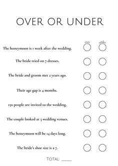 an image of a wedding ceremony checklist with the words over or under written on it