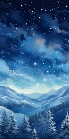 the night sky with stars and snow covered trees