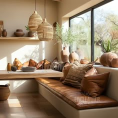 a living room filled with lots of furniture next to a large window covered in wicker baskets