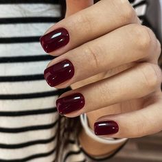 Short Dark Colored Acrylic Nails, Dark Red Nails Short Design, Deep Red Nails Short, Dark Red Nails Gel Short, Dark Cranberry Nails, Natural Squoval Nails, Nails Short Red Dark, Dark Red Shellac Nails, Red Nail Colors