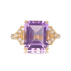 Lucille Ring - Estate Diamond Jewelry Luxury Purple Amethyst Rectangular Ring, Luxury Purple Rectangular Amethyst Ring, Luxury Purple Amethyst Ring, Rectangular Shape, Luxury Rectangular Amethyst Ring, Luxury Gold Emerald Cut Amethyst Ring, Elegant Emerald Cut Amethyst Ring, Emerald Cut Amethyst Ring With Gemstone Accents, Emerald Cut Amethyst Ring In Yellow Gold, Luxury Amethyst Ring Emerald Cut