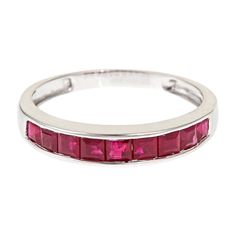 10K white gold ring with nine 2.5x2.5 millimeter square rubies | Ruby Ring | 10K White Gold | Size 8 | Helzberg Diamonds Rose Gold Heart Necklace, Country Rings, Helzberg Diamonds, Gold Shop, Heart Pendant Diamond, Rings Jewelry Fashion, Double Heart, Red Ruby, Ruby Ring