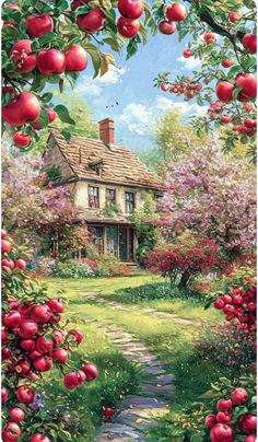 a painting of a house surrounded by flowers and trees with red apples on the tree