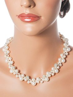 "Original Design by Glamorous Bijoux® Ultra eye-catching statement bridal necklace features intricate modern-vintage inspired pearl clusters as the amazing focal point, consisting of lots of beautiful yet sparkly elements. Delicately handmade with Swarovski pearls, Swarovski crystals, rhinestone balls and beads. Measurements: Necklace measures approximately 15-1/4 in length and 3/4\" at the widest point with a 2\" extender, adjustable chain (default) at the end. ❥ Necklace can be customized as f Pearl White Crystal Bridal Necklace For Anniversary, Formal Pearl White Jewelry With Rhinestones, White Crystal Pearl Necklace With Rhinestones, Wedding Crystal Necklace In Pearl White, White Crystal Embellished Jewelry For Anniversary, Pearl White Crystal Necklace For Wedding, Crystal Pearl Necklace With Rhinestones For Wedding, Rhinestone Bridal Necklace For Wedding, Round Rhinestone Bridal Necklace