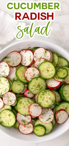 cucumber radish salad in a white bowl