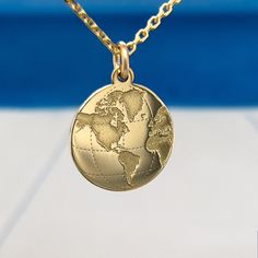 "14K solid gold World Map Necklace, Gold necklace, Earth jewelry, Gold Coin Globe gift, Earth charm, personalized gift, Traveler gift, Nautical Necklace Popular with all age groups. An ideal gift for anyone you love and it will be treasured forever. The pendant is precisely cut out of 14K solid gold by a high-end laser with 4K resolution . The backside can be engraved with names, dates and etc. We don't charge extra money for engraving! HOW TO ORDER 📝 It's very easy 1. Select options from the d Images Of Earth, Earth Necklace, Gold World Map, Globe Gift, Earth Jewelry, World Map Necklace, Gold Globe, Nautical Necklace, Earth Map