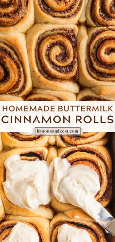 homemade buttermilk cinnamon rolls with cream cheese frosting in the middle and on top