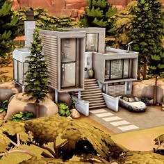 an artist's rendering of a modern house in the woods with trees and rocks