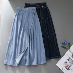 Lasaky - Asymmetrical Pleated Denim High Waist Midi Skirt with Letter Print Long Jeans Skirt, Simple Flats, School Uniform Skirts, High Waist Midi Skirt, Pleated Fashion, A Line Denim Skirt, Skirt Korean, Pleated Denim, High Waist Long Skirt