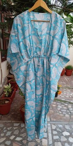 Traditional Cotton Kaftan For The Beach, Bohemian Blue Sleepwear For Vacation, Blue Bohemian Sleepwear For Vacation, Blue Cotton Kaftan In Free Size, Blue Cotton Kaftan For Loungewear, Blue Cotton Kaftan For Vacation, Blue Cotton Kaftan For The Beach, Blue Cotton Kaftan For Beachwear, Blue Free Size Cotton Kaftan