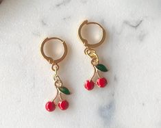 14kt Gold Cherry Earrings Handmade Earrings Gold Cherry | Etsy Red Hoop Earrings For Gift, Red Single Earring As Gift, Gift Red Nickel Free Hoop Earrings, Cute Red Dangle Jewelry, Nickel Free Cherry Colored Earrings For Gift, Cute Round Red Jewelry, Single Red Earring For Gift, Red Dangle Hoop Earrings As Gift, Cute Red Round Jewelry