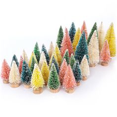 small christmas trees are lined up in rows on white background, with one standing out from the crowd