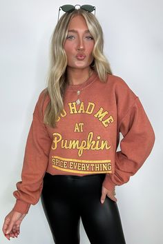 Details: Indulge in cozy comfort with our Pumpkin Spice Everything Graphic Pullover. Made from garment-dyed fabric, this long sleeve sweatshirt boasts an oversized fit and features the playful phrase "You Had Me At Pumpkin Spice Everything". Perfect for any fall enthusiast, you won't be able to resist snuggling up in this top. (Pumpkin spice latte not included.) - "You Had Me at Pumpkin Spice Everything" graphic - Long sleeves Content: 50% COTTON 50% POLYESTER Size + Fit Model is 5'4" and wearin Trendy Soft-washed Fall Hoodie, Trendy Soft-washed Hoodie For Fall, Fall Long Sleeve Soft-washed Sweater, Cozy Crew Neck Sweats For Fall, Letter Print Sweats For Fall Streetwear, French Terry Sweats With Graphic Print And Long Sleeves, Letter Print Sweats For Streetwear In Fall, Cozy Fit Graphic Sweatshirt For Fall, Fall Graphic Print Long Sleeve Sweatshirt