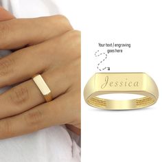 One word, letter or number combination can be stamped on the ring if you want. Please note your personalization during checkout. 14k Gold Stick Band Engravable Ring is also avaliable: https://www.etsy.com/listing/1353343274/ 14k Gold Hexagon Initial Ring is also avaliable: https://www.etsy.com/listing/1365734553/ 14k Gold Bold Initial Ring is also avaliable: https://www.etsy.com/listing/1351651650/ 14k Gold Adjustable Stackable Ring is also avaliable: https://www.etsy.com/listing/1351596112/ 14k Personalized 14k Gold Signet Ring For Anniversary, Customizable 14k Gold Initial Ring For Anniversary, Classic Customizable Engraved 14k Gold Ring, Customizable Minimalist 14k Gold Engraved Ring, Customizable 14k Yellow Gold Signet Ring, Classic Gold Engraved Ring With Custom Name, Classic 14k Gold Engraved Ring With Custom Name, Classic Yellow Gold Engraved Ring With Custom Name, Classic Rings With Custom Name For Personalized Gift