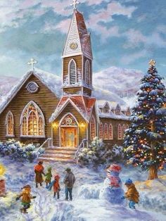 a painting of children playing in front of a church with christmas decorations on the ground