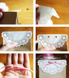 instructions for how to make an origami card with doily and paper scissors