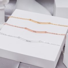 Made with love, this minimalist bracelet from Daisy & Cloud Jewelry is the perfect personalized touch to your collection. It comes beautifully packaged in a gift box, making it an ideal present for family and friends. Key Features ✨ Perfect Gift: Whether it's for a birthday, anniversary, or just because, this bracelet is a heartfelt gift. ✨ Unique Meaning: Each item is made to order, giving our pieces a unique meaning that is specific and special to you. ✨ Elegant Design: Small and exquisite, ve Delicate Personalized Name Bracelet, Minimalist Name Bracelet For Everyday, Modern Rose Gold Bracelets For Gifts, Modern Rose Gold Bracelet For Gift, Minimalist Rose Gold Name Bracelet For Personalized Gift, Modern Custom Name Bracelet For Gift, Minimalist Everyday Name Bracelet, Minimalist Customizable Name Bracelet, Minimalist Bracelets As Birthday Gift