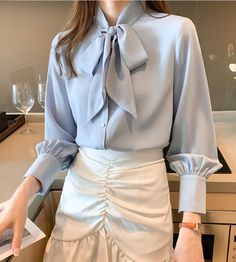 Women's Blouse Vintage Work Casual Top on Storenvy Casual Chiffon Blouse, Mode Tips, Graduation Party Dresses, Blouse Back Neck Designs, Diy Vetement, Women Business, Bow Blouse, Business Shirts, Loose Blouse