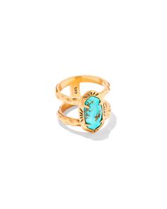 Our fan-favorite band ring goes on a trip out West in the Elyse Vintage Gold Etch Frame Band Ring in Variegated Turquoise Magnesite. Featuring our signature stone shape and an etched metal frame, this wear-anywhere statement is full of personality. This ring is a part of Yellow Rose by Kendra Scott—a brand that celebrates ranch life with Kendra Scott staples alongside select curated jewelry pieces and accessories. Metal Vintage 23k Yellow Gold Over Brass Material Variegated Turquoise Magnesite S Genstone Rings, Gold Turquoise Ring, Turquoise And Gold Jewelry, Gold And Turquoise Jewelry, Colorful Rings, Turquoise Jewelry Gold, Kendra Scott Ring, Teal Rings, Short Pendant Necklace