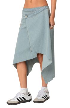 A novel closure creates a swingy silhouette for a midi skirt cut from nonstretch denim and finished with an unfinished edge. One-button closure; back elastic waist 100% cotton Machine wash, dry flat Imported