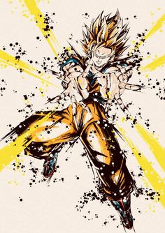 a drawing of gohan from the dragon ball game, with yellow and black splatters