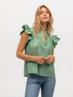 GREEN SOLID Our playful Flutter Sleeve top perfect for warmer weather in vibrant green cotton voile. Green Relaxed Fit V-neck Top, Sleeveless Light Green Summer Tops, Green Relaxed Fit V-neck Blouse, Green V-neck Top With Ruffles, Casual Green Tops For Summer, Spring Ruffle Sleeve Top With Relaxed Fit, Spring Relaxed Fit Tops With Ruffle Sleeve, Relaxed Fit Ruffle Sleeve Tops For Spring, Green Short Sleeve Summer Blouse