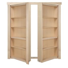 an open wooden bookcase with shelves on both sides and one door opened to reveal the room